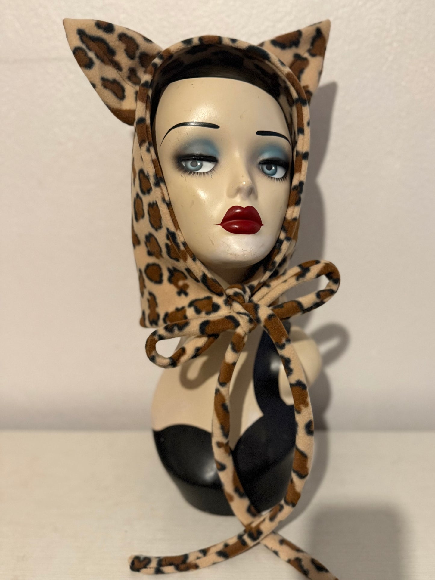 Cat Bonnet in Leopard Print or Black Fleece
