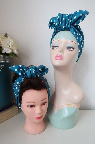 Blue polka dot 1940s headscarf turban