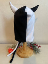 Load image into Gallery viewer, Black and white devil horn hood on a mannequin head with a neutral background