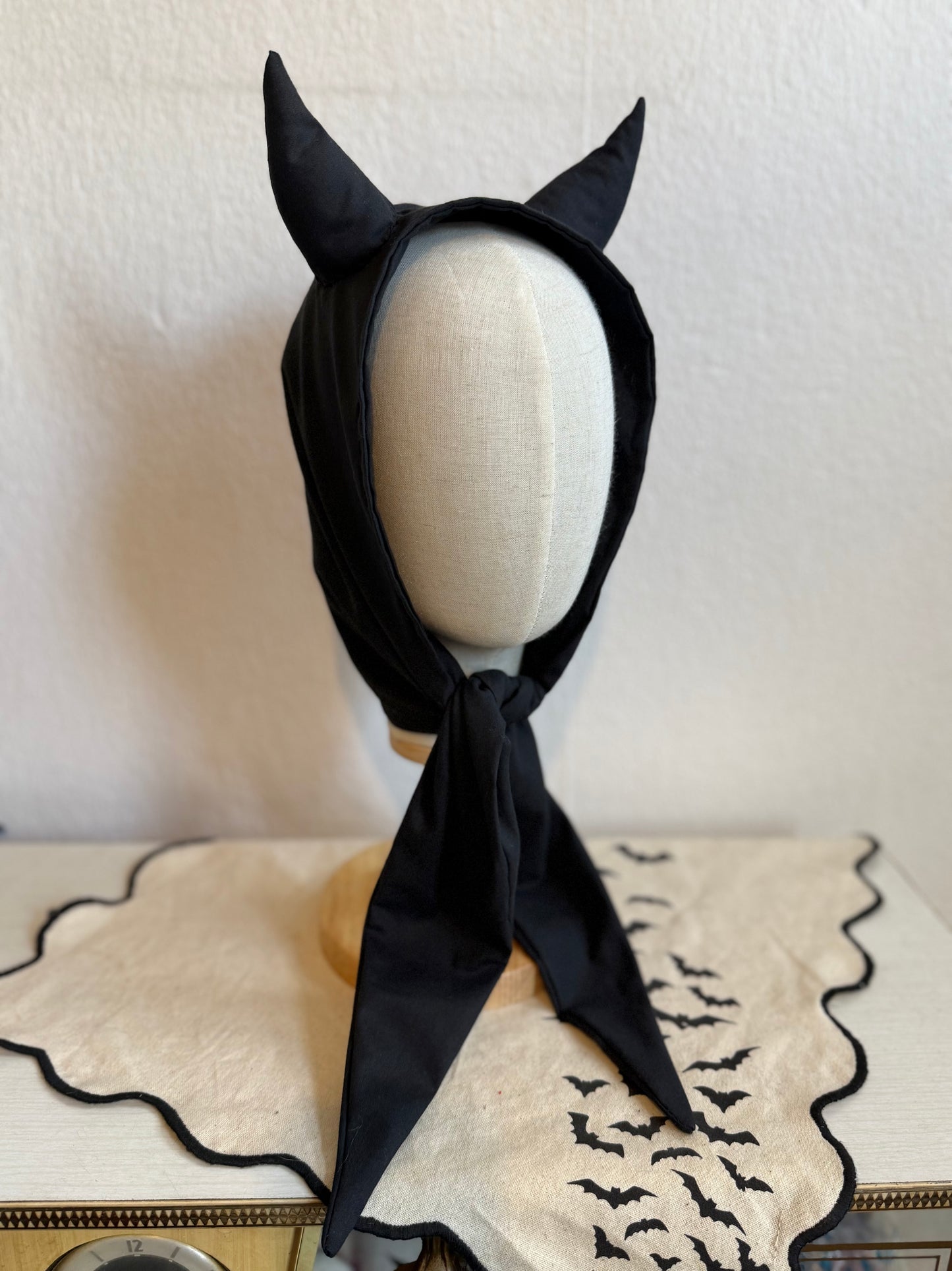 Handmade black devil horned bonnet 