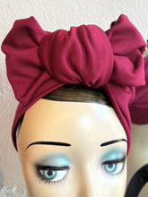 Load image into Gallery viewer, Wine Red Turban 1940s Pre-tied Stretchy Turban (full coverage) with Knot Choice
