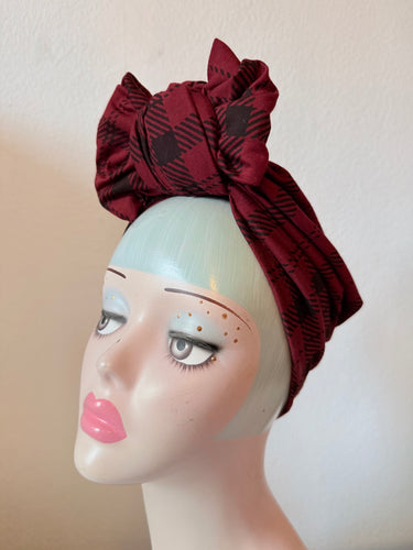 SALE ITEM: WORKWEAR KNOT Red Plaid Vintage Style Turban (Full Coverage)