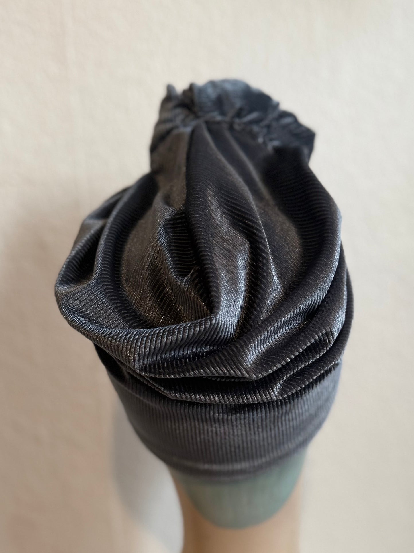 50% OFF SALE ITEM: Ribbed Grey Velvet (Full Coverage) 1940s Style Pre-tied Turban