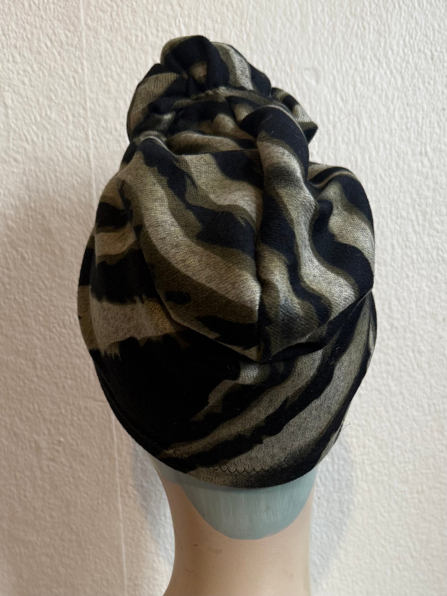50% OFF SALE ITEM: Black/Green/Grey Stripe (Full Coverage) 1940s Style Pre-tied Turban with Small Knot