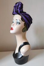 Load image into Gallery viewer, Black &amp; purple Halloween handmade goth turban alt fashion accessory