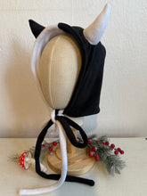 Load image into Gallery viewer, Black and white devil horn hood on a mannequin head with a neutral background