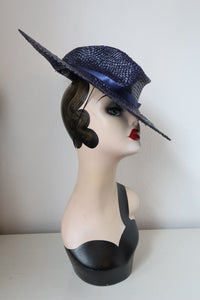 Vintage handmade blue straw hat 1940s