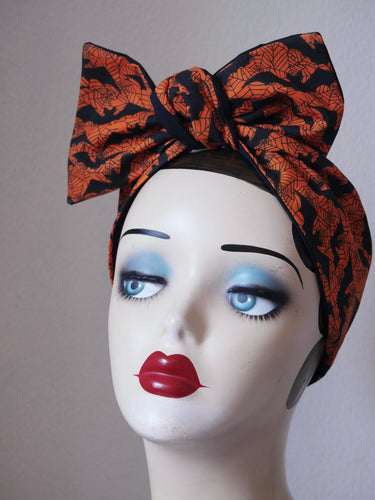 Orange Bat & Spiderweb Pre-tied 1940s Cotton Headband🎃