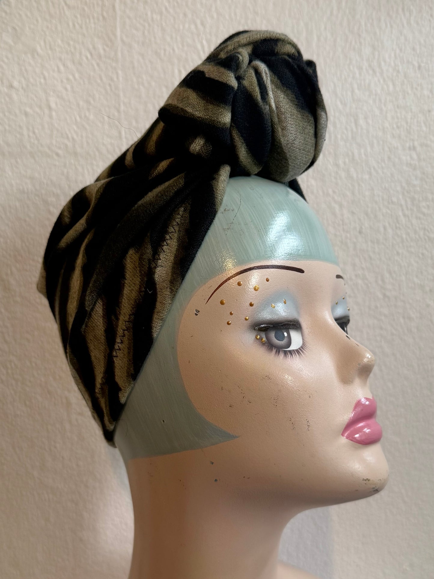50% OFF SALE ITEM: Black/Green/Grey Stripe (Full Coverage) 1940s Style Pre-tied Turban with Small Knot