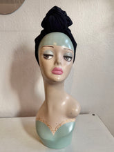 Load image into Gallery viewer, 50% OFF SALE ITEM: Black Scuba Style Jersey (Full Coverage) 1940s Style Pre-tied Turban with Small Knot