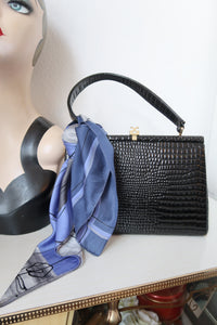 Blue true vintage square scarf & black vintage handbag