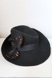 Refashioned Black 1940s Style Felt Tilt Hat with Black & Mustard True Vintage Trim