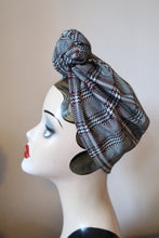 Load image into Gallery viewer, SALE ITEM: SMALL KNOT Black/White/Burgundy Plaid (Full Coverage) 1940s Style Pre-tied Turban