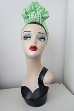 Load image into Gallery viewer, SALE ITEM: SMALL KNOT Green Gingham Jersey (Full Coverage) 1940s Style Pre-tied Turban