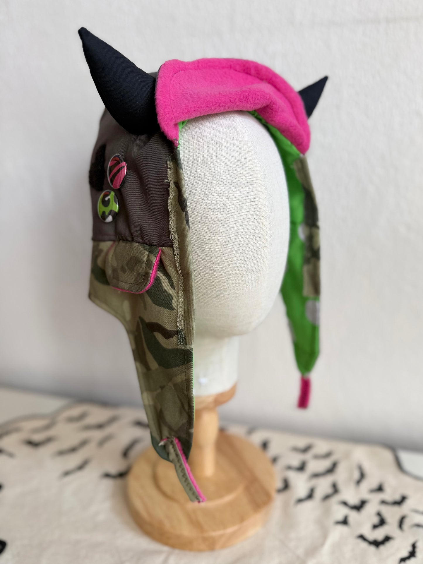 Green Camo/Grey - Horned Aviator Cap