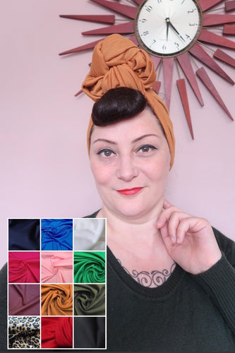 woman wears mustard vintage reproduction vintage pre-tied headband