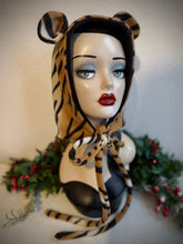 Load image into Gallery viewer, Mannequin head wearing a tiger-striped hood with wintery background