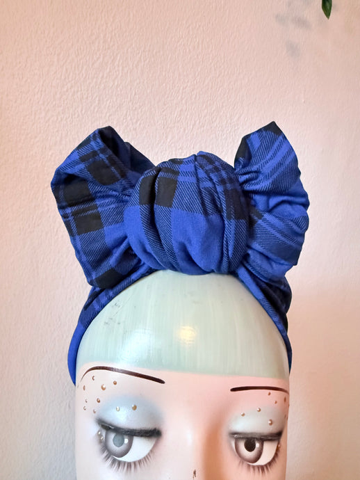 SALE ITEM: WORKWEAR KNOT Blue Plaid Vintage Style Turban (Full Coverage)