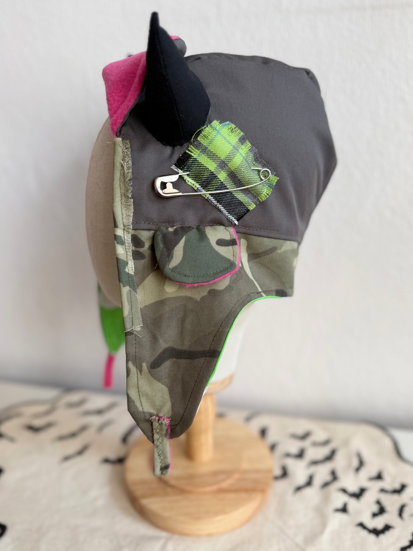 Green Camo/Grey - Horned Aviator Cap
