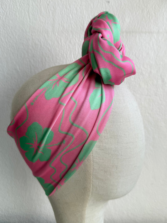 50% OFF SALE ITEM: Vintage Style Pre-tied Headband in Pink & Green Hibiscus Print