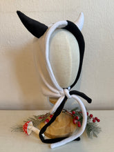 Load image into Gallery viewer, Black and white devil horn hood on a mannequin head with a neutral background