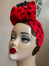 Load image into Gallery viewer, Mannequin head wearing a red polka dot turban with a neutral background