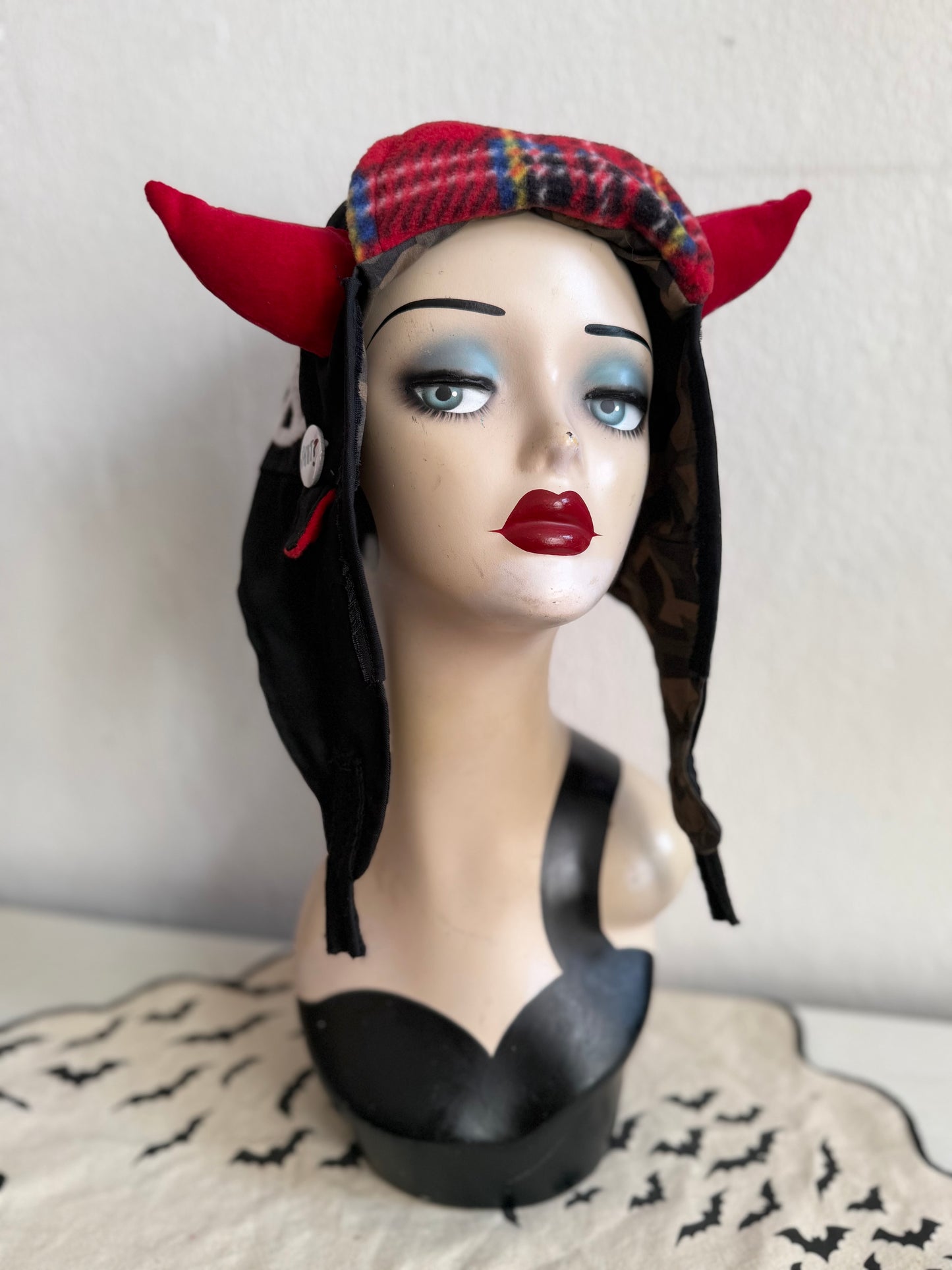 Black/Red - Horned Aviator Cap