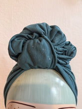 Load image into Gallery viewer, SALE ITEM: Sparkly Teal (Full Coverage) 1940s Style Pre-tied Turban with Slouchy Knot