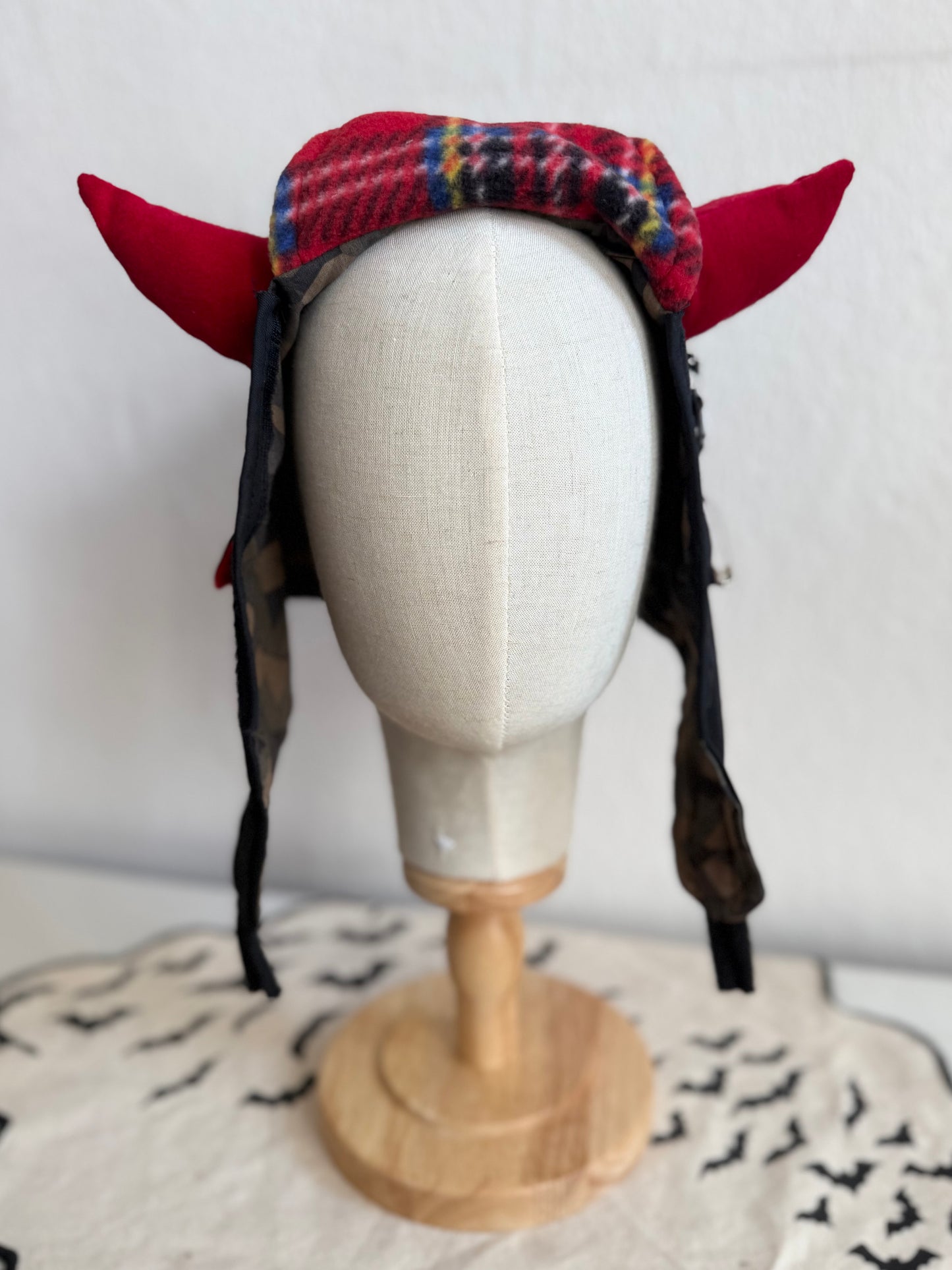 Black/Red - Horned Aviator Cap