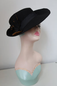 Refashioned Black 1940s Style Felt Tilt Hat with Black & Mustard True Vintage Trim