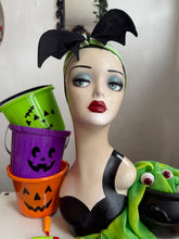 Load image into Gallery viewer, Mannequin head with Halloween-themed bat headscarf