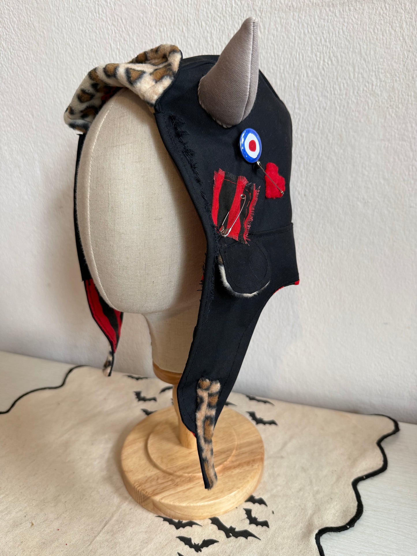 Black/Red Stripe - Horned Aviator Cap
