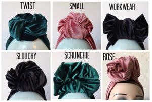 KNOT CHOICE Velvet Pre-tied Stretchy 1940s Style Turban (Full Coverage) in 4 Colours (made to order)
