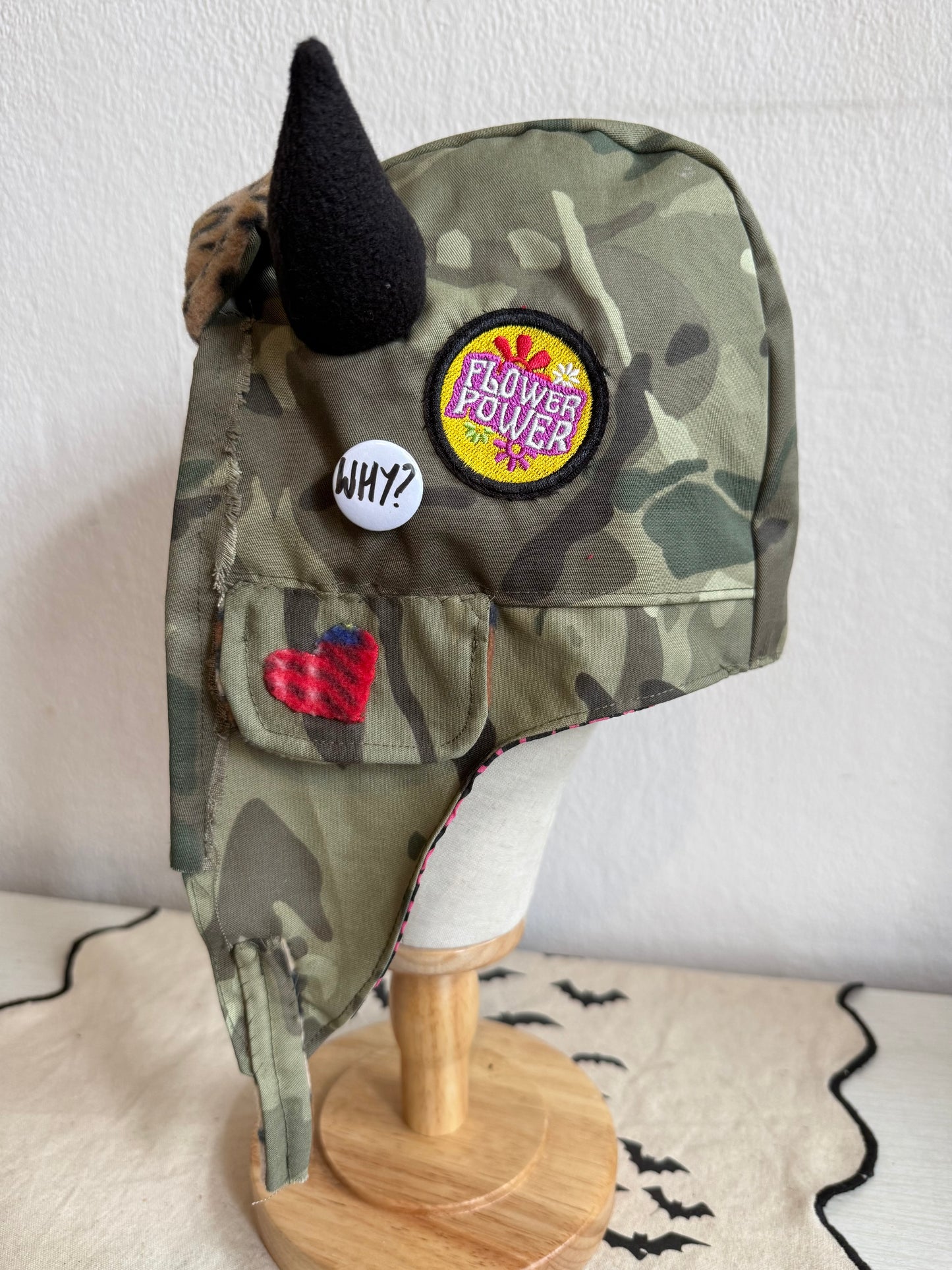 Green Camo/Pink Zebra - Horned Aviator Cap