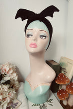 Load image into Gallery viewer, Model head in a Halloween woodland set wearing a handmade black bat gothic halloween headband turban 