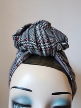 Load image into Gallery viewer, SALE ITEM: SMALL KNOT Black/White/Burgundy Plaid (Full Coverage) 1940s Style Pre-tied Turban