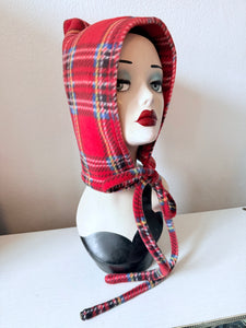 Red tartan pixie hood bonnet winter hat 