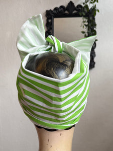 Green and white striped pet carrier on a mannequin with a cat inside, against a neutral background.