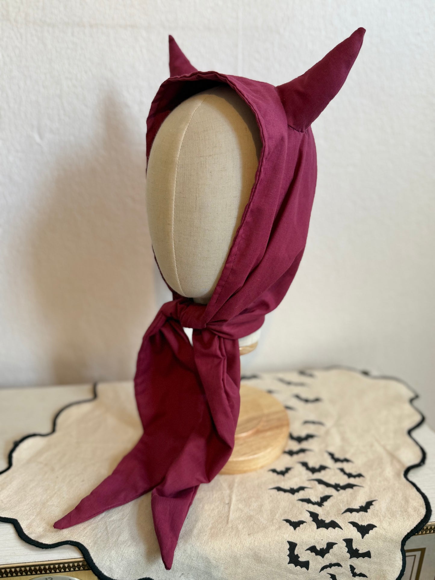 Handmade burgundy devil horned bonnet 