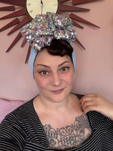 Load image into Gallery viewer, Women wears blue sparkly vintage turban 