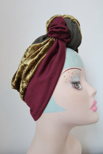 CUSTOM KNOT in Burgundy & Olive Green (Full Coverage) 1940s Style Pre-tied Turban