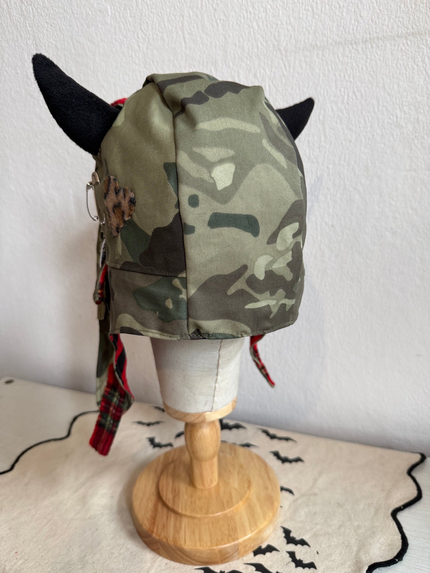 Green Camo/Red Stripe - Horned Aviator Cap