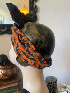 SALE ITEM: Orange Bat & Spiderweb Pre-tied 1940s Cotton Headband🎃