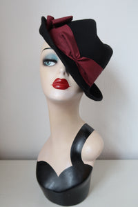 Handmade vintage style black felt tilt hat with burgundy trim