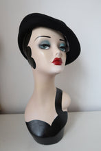 Load image into Gallery viewer, Handmade vintage style black felt tilt hat with burgundy trim
