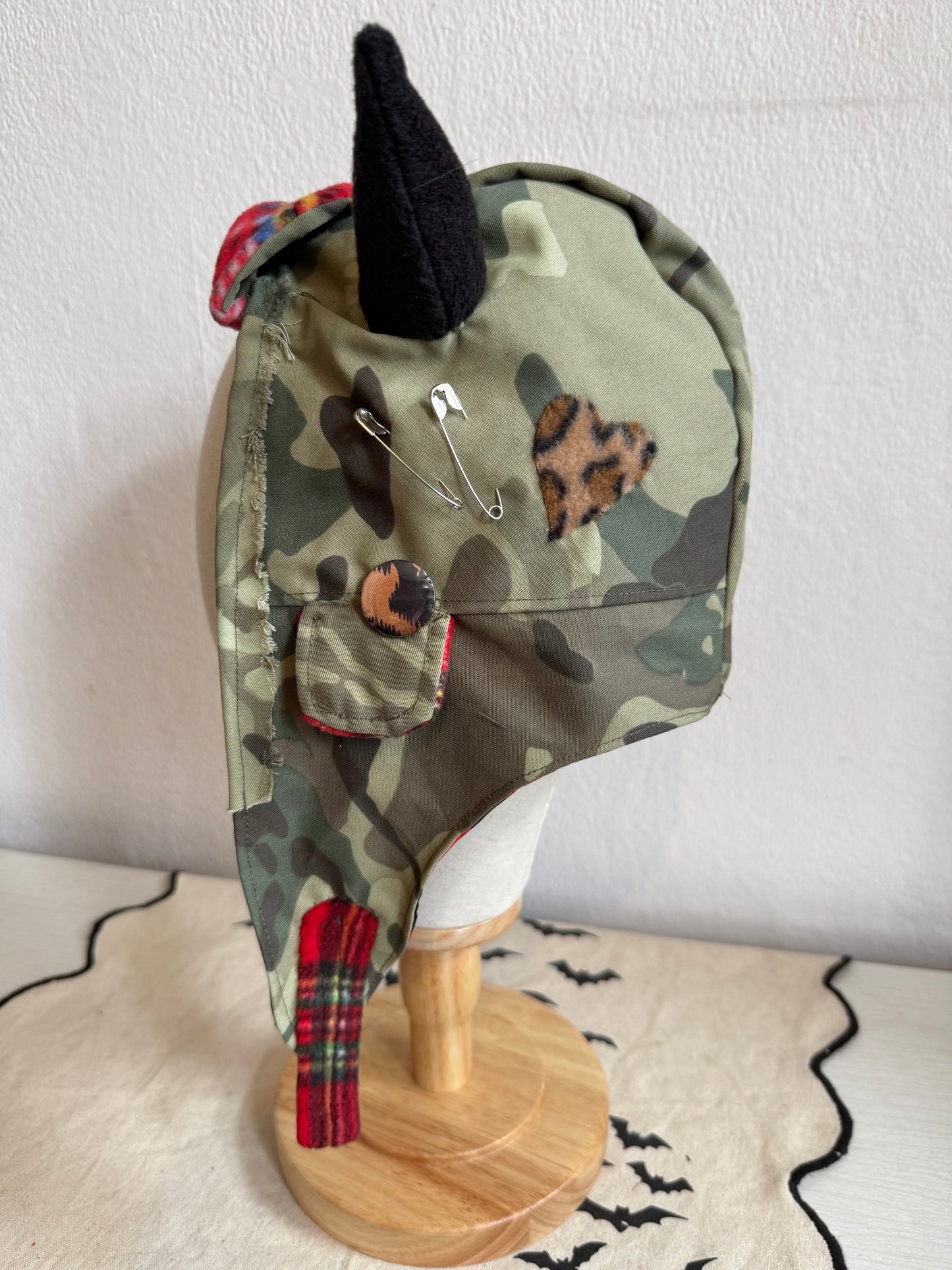 Green Camo/Red Stripe - Horned Aviator Cap