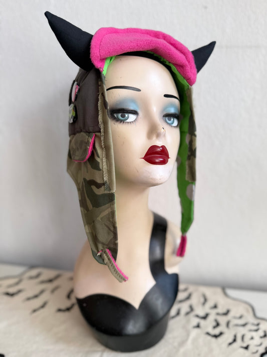 Green Camo/Grey - Horned Aviator Cap