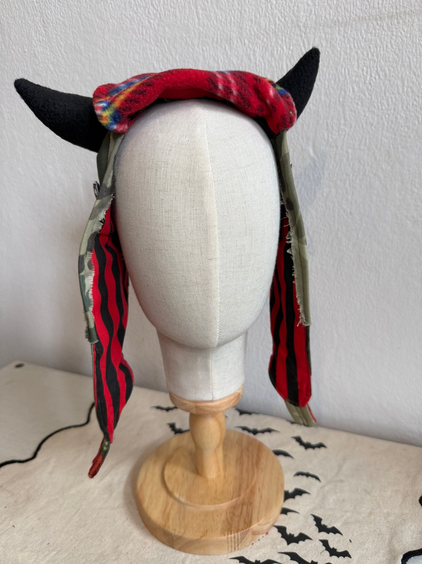 Green Camo/Red Stripe - Horned Aviator Cap