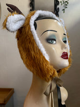 Load image into Gallery viewer, Fawn headpiece. Mannequin head with a deer-like costume in a decorative setting with mushrooms and plants.
