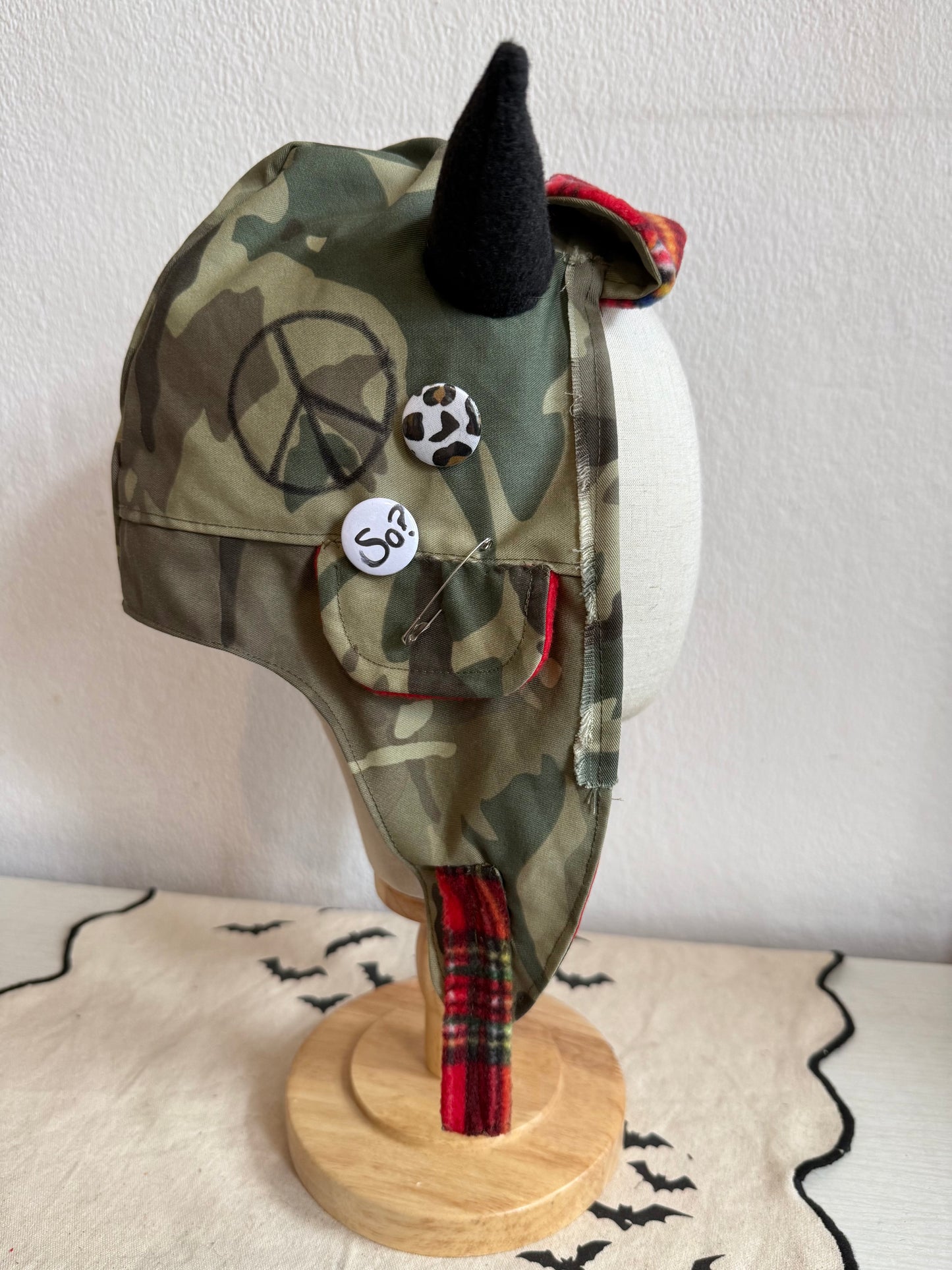 Green Camo/Red Stripe - Horned Aviator Cap